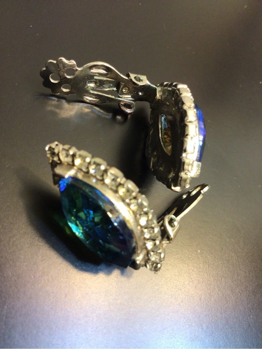 Vintage Mid-century Clip-on Earrings Blue Navette Stones Clear Rhinestones
